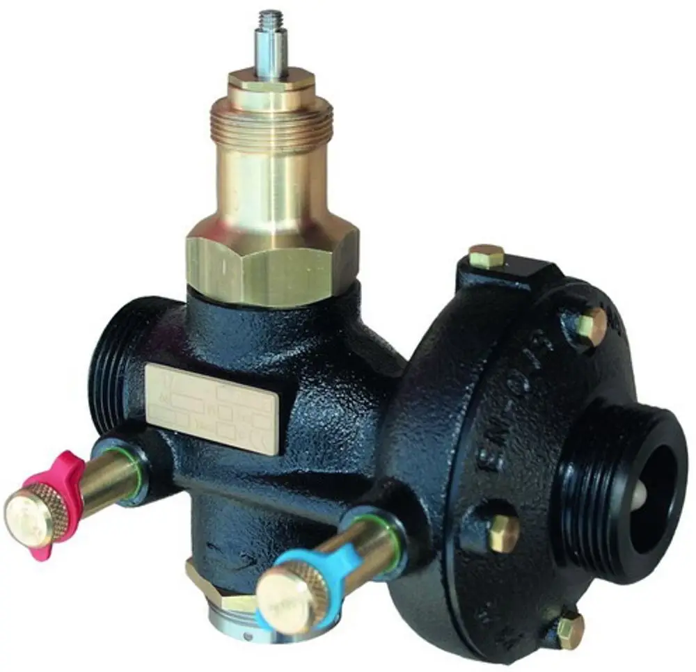 Schwarzes Regelventil mit zwei Anschlüssen und Betätigungselementen. Vorne sind ein roter und ein blauer Hebel erkennbar. Produkt von IMI Hydronic Engineering.